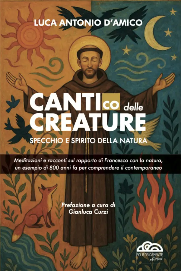 Immagine di San Francesco tra il giorno e la notte, il sole e la luna, mentre medita a occhi chiusi con le braccia aperte verso il cielo