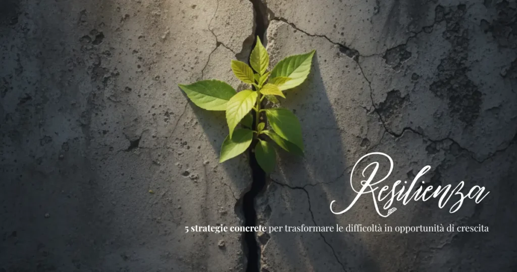 Una singola piantina verde e tenace che spunta con forza da una fessura in un muro di cemento grigio e crepato. La luce dorata del sole la illumina, creando un forte contrasto tra la fragilità della pianta e la durezza dell'ambiente circostante. Intorno alla piantina, piccoli sassi e detriti, ma la pianta si erge verso l'alto. L'atmosfera è di speranza e determinazione, con colori che evocano sia la difficoltà (grigio del cemento) sia la vitalità (verde brillante della pianta, luce calda del sole).