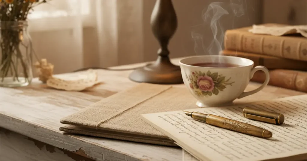 Scrivania in stile shabby chic con un quaderno aperto sulla destra, mostrando una calligrafia elegante. Accanto al quaderno, una penna stilografica vintage dorata. Al centro, una tazza di porcellana floreale con tè fumante. Sullo sfondo, una lampada da tavolo con paralume in pizzo e una pila di libri antichi. Un vaso con fiori secchi e una finestra velata completano l'atmosfera calda e intima.