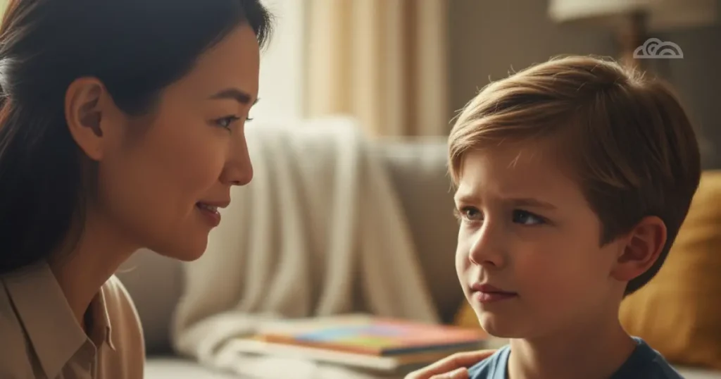 Un primo piano caldo e tenero di un genitore (o adulto empatico) che ascolta con attenzione un bambino piccolo (di circa 5-7 anni). Il genitore ha un'espressione di profonda empatia e comprensione, mentre il bambino ha un'espressione mista di tristezza o confusione ma anche un leggero sollievo per essere ascoltato. Le mani del genitore potrebbero essere delicatamente sulla spalla del bambino o che lo tengono. L'ambiente è soft, accogliente e domestico, con luce naturale. I colori sono caldi e rassicuranti, evocando un senso di sicurezza e connessione emotiva. L'atmosfera generale è di ascolto, fiducia e un legame affettivo profondo.