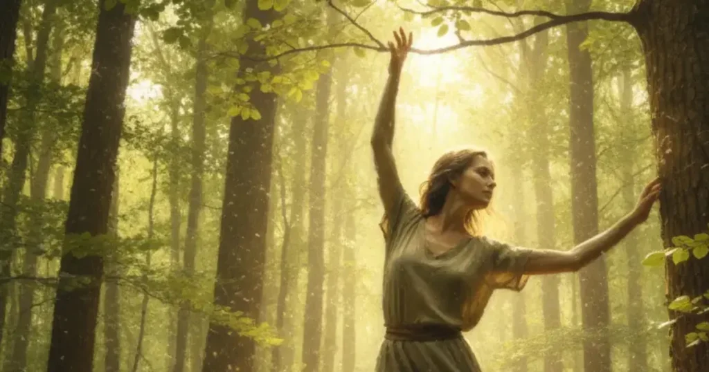Fotografia artistica, stile quasi pittorico, che evoca l'armonia tra corpo umano e natura. La scena mostra una figura umana (neutra nel genere, con abiti semplici e fluidi) in una posa fluida e danzante, quasi mimetica, all'interno di una foresta antica e luminosa. La persona è leggermente sfocata per dare un senso di movimento e fusione con l'ambiente. I raggi del sole filtrano attraverso le foglie, creando un'atmosfera eterea e sacra. Ci sono elementi naturali come alberi maestosi, muschio e luce dorata. L'immagine deve comunicare una profonda connessione, mimesi e armonia tra l'essere umano e il creato, un "linguaggio" del corpo che celebra la natura.