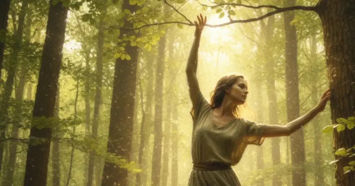 Fotografia artistica, stile quasi pittorico, che evoca l'armonia tra corpo umano e natura. La scena mostra una figura umana (neutra nel genere, con abiti semplici e fluidi) in una posa fluida e danzante, quasi mimetica, all'interno di una foresta antica e luminosa. La persona è leggermente sfocata per dare un senso di movimento e fusione con l'ambiente. I raggi del sole filtrano attraverso le foglie, creando un'atmosfera eterea e sacra. Ci sono elementi naturali come alberi maestosi, muschio e luce dorata. L'immagine deve comunicare una profonda connessione, mimesi e armonia tra l'essere umano e il creato, un "linguaggio" del corpo che celebra la natura.