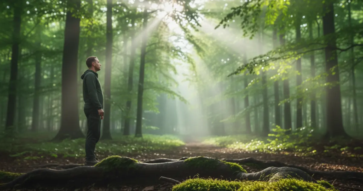 Fotografia iperrealistica, stile cinematografico, luce del primo mattino. Il punto di vista è basso, dal suolo di una foresta di faggi secolare. I raggi del sole filtrano diagonalmente attraverso la nebbia leggera e le foglie verdi brillanti, creando un'atmosfera sacra e silenziosa. In primo piano, il muschio su una radice è messo a fuoco con dettagli nitidi. Sullo sfondo, la figura di una persona, quasi una silhouette, cammina lentamente e in modo contemplativo, allontanandosi. L'immagine deve evocare un profondo senso di pace, connessione e immersione totale nella natura.